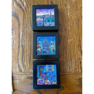 Anastasia Mak Art Set Of 3 Vibrant Cityscapes & Bicycle Design 5"x5" Each Black